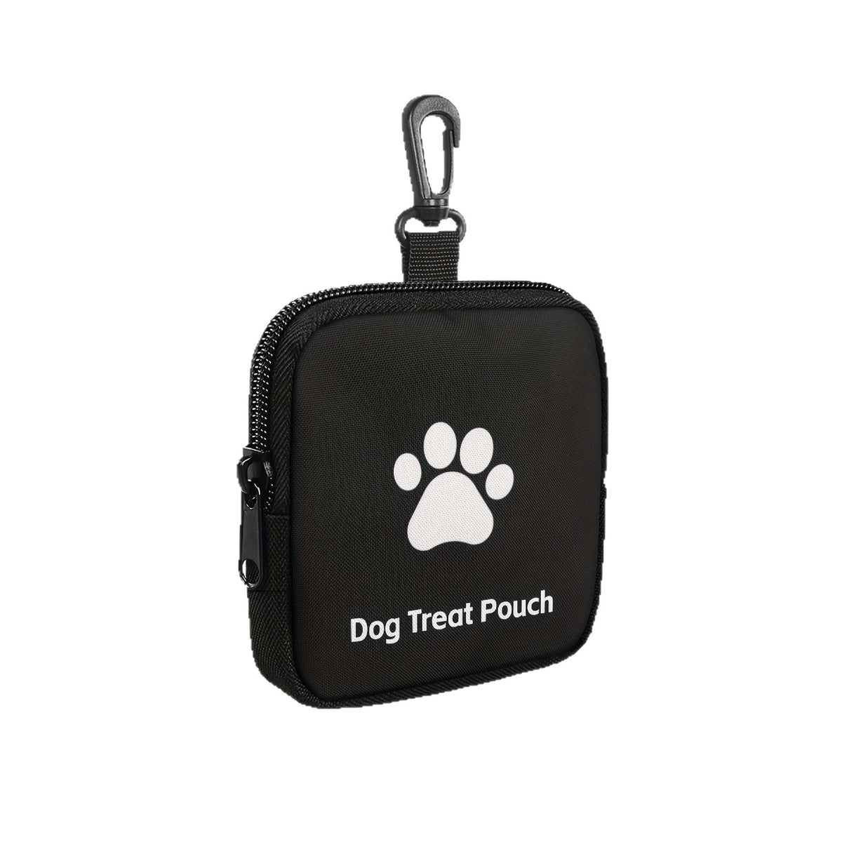 Closed black portable dog treat pouch on white background showing paw print logo, zipper, Dog Treat Pouch label, and black carabiner clip at the top