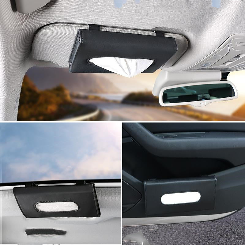 Black car visor tissue holder shown closed with tissue opening