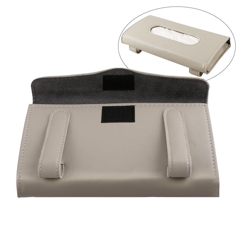 Open car visor tissue holder showing mounting loops and closure patches