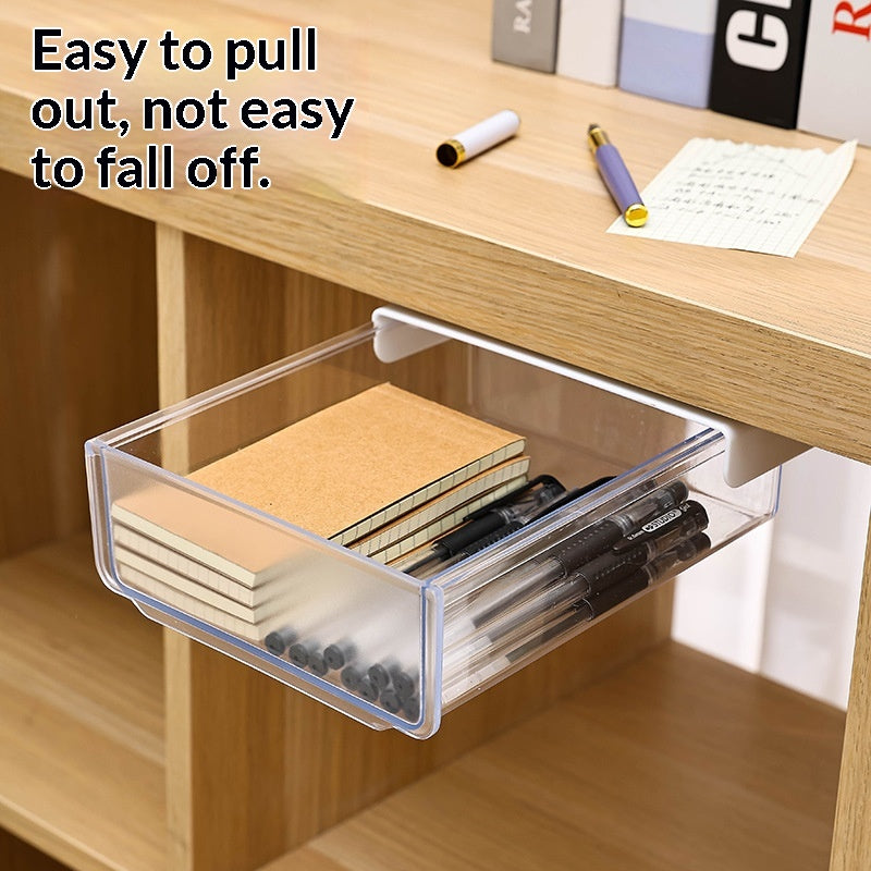 Compact under-desk adhesive drawer organizer shown pulled open beneath a desk