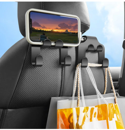 2-in-1 headrest phone holder and bag hook installed on the back of a car seat