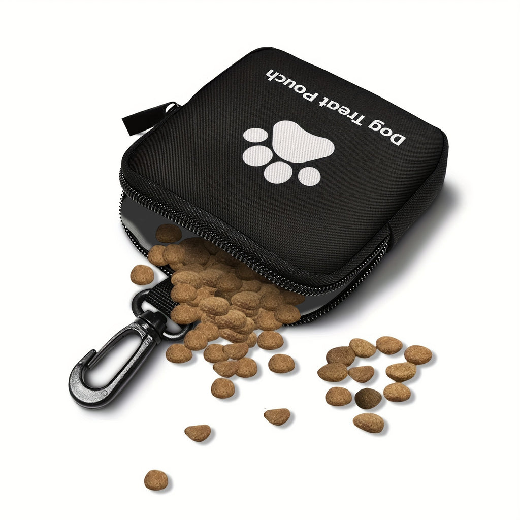 Open black dog treat pouch filled with training treats.