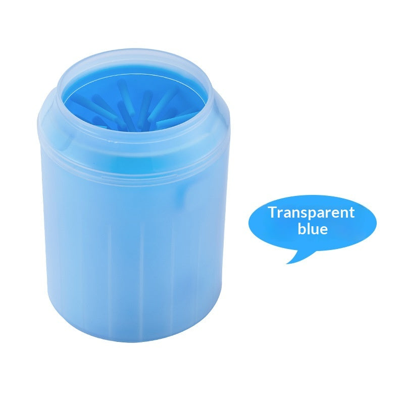 Transparent blue portable dog paw cleaner cup shown on a white background