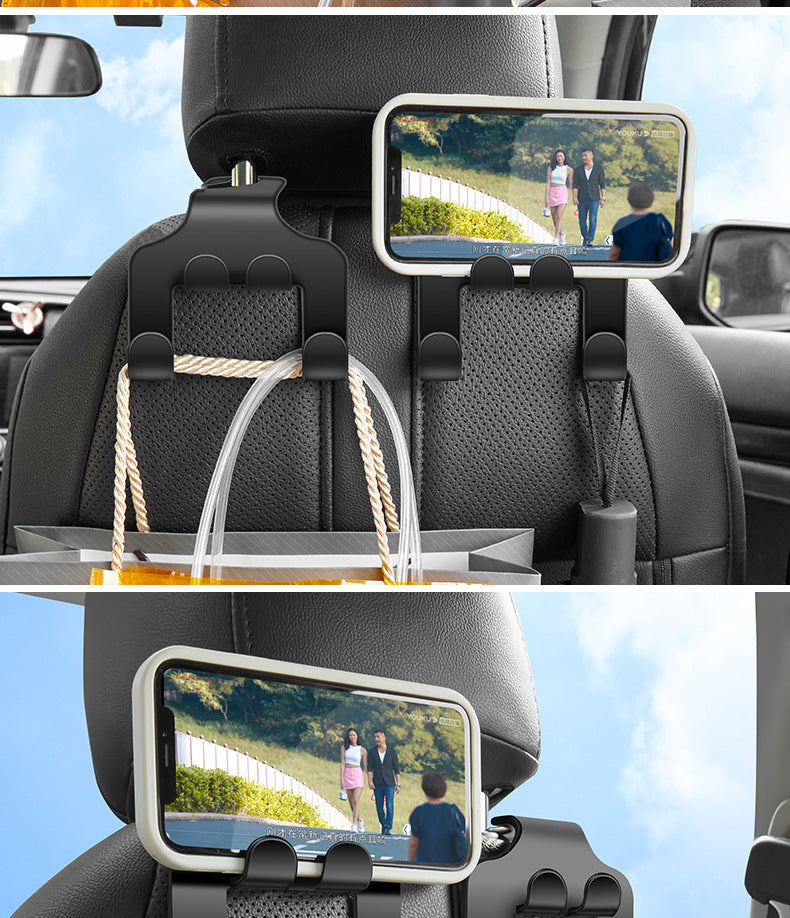 2-in-1 car headrest phone holder and hook holding a smartphone and shopping bags
