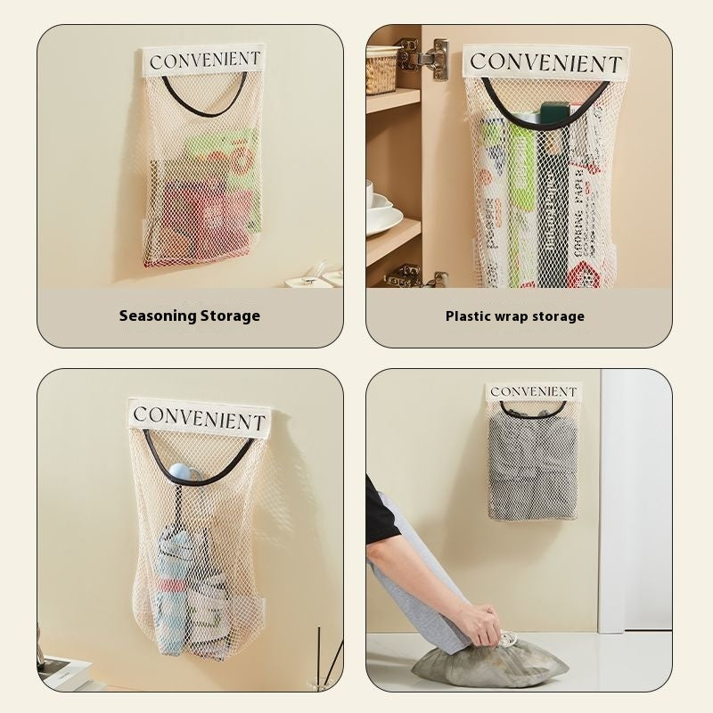Four-panel lifestyle image showing beige mesh storage bag organizer in use: holding seasoning packets on a wall, storing plastic wrap inside a cabinet, holding small bottles, and being used to retrieve a shoe bag