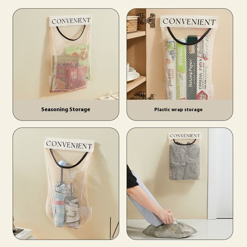 Four-panel lifestyle image showing beige mesh storage bag organizer in use: holding seasoning packets on a wall, storing plastic wrap inside a cabinet, holding small bottles, and being used to retrieve a shoe bag