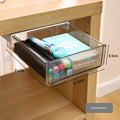 Under-desk adhesive drawer organizer shown installed beneath a desk