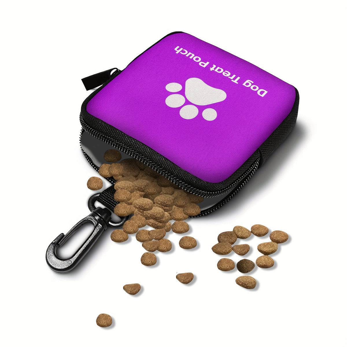 Open purple zippered dog treat pouch with paw print logo spilling dry kibble treats onto a white surface, carabiner clip visible at the bottom