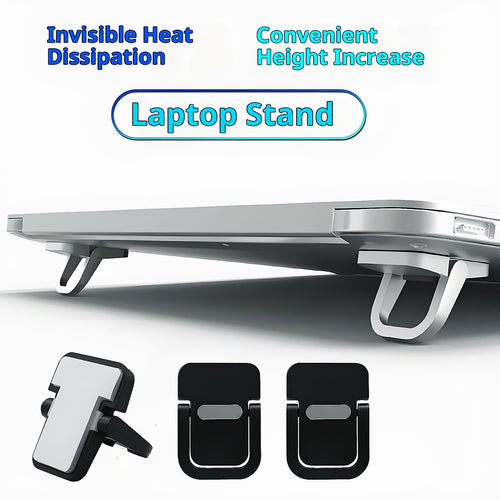  Laptop raised on portable kickstands with folded and unfolded stand examples