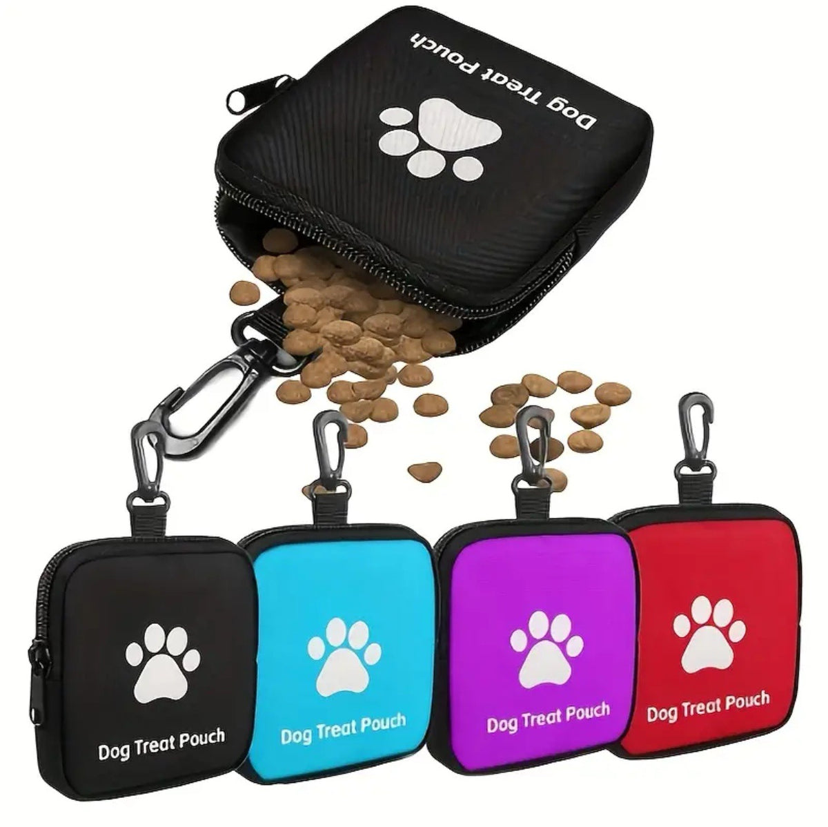 All four dog treat pouch color variants — black, blue, purple, and red — lined up on white background, with the black pouch open overhead spilling dry kibble treats and a carabiner clip on each