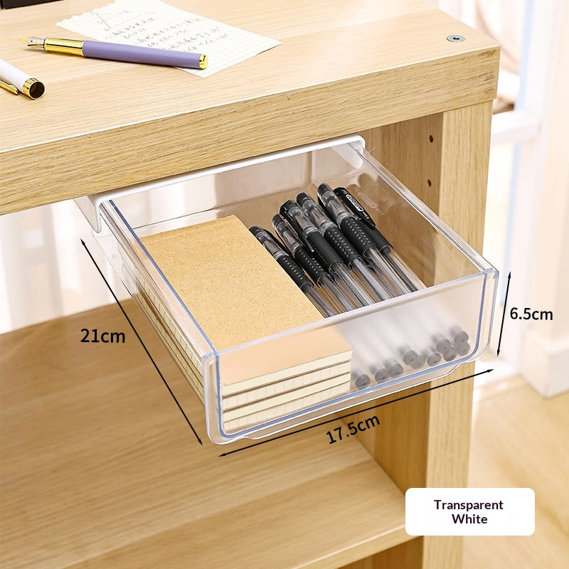 Transparent white under-desk drawer organizer shown open