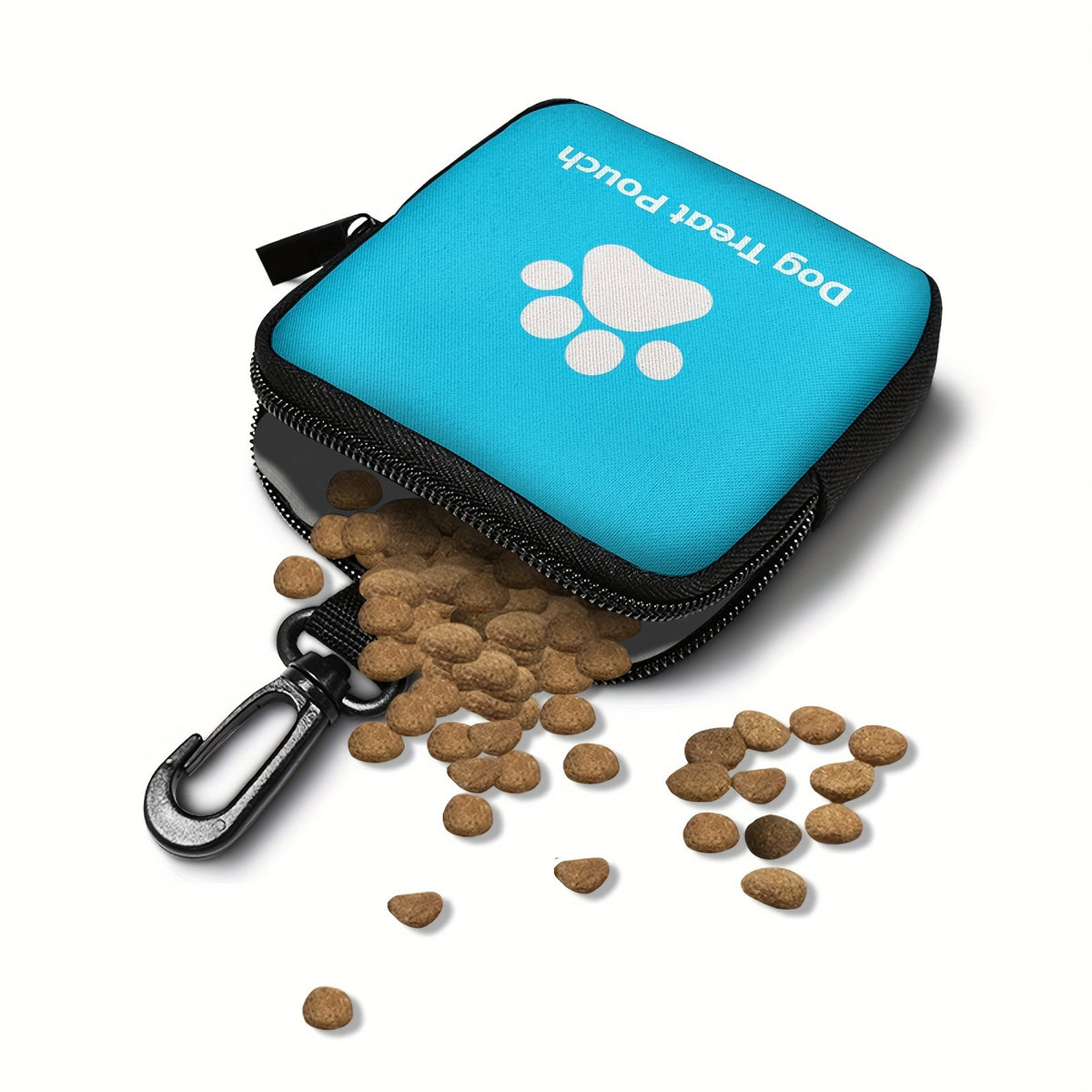 Open blue dog treat pouch filled with training treats.
