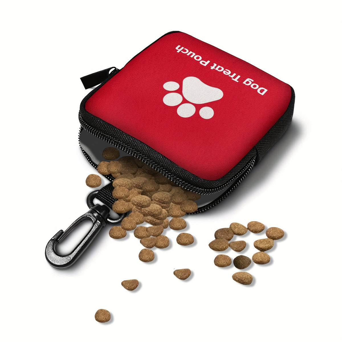 Open red zippered dog treat pouch with paw print logo spilling dry kibble treats onto a white surface, carabiner clip visible at the bottom