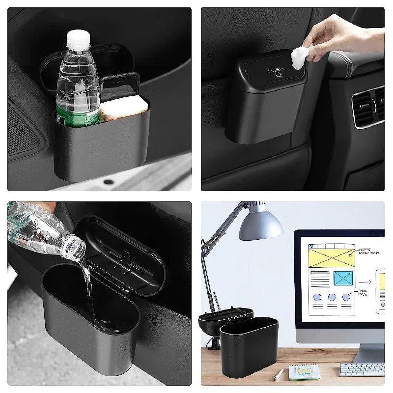 Mini car trash bin with lid shown with water being poured into the container