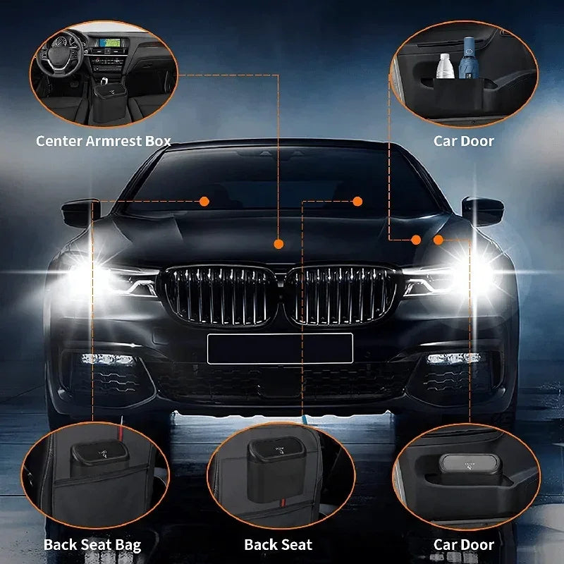 Diagram showing mini car trash bin placement locations inside a vehicle: center armrest box, car door, back seat, and back seat bag.