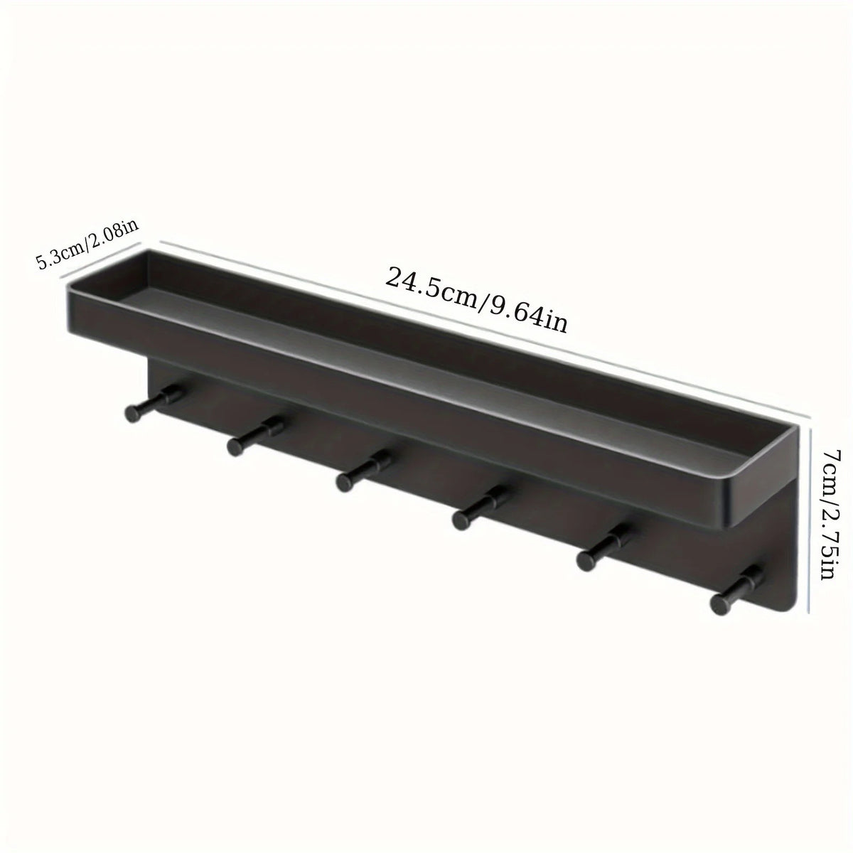 Product dimension diagram of black wall-mounted key holder with mail organizer shelf on white background: 24.5cm (9.64in) wide, 5.3cm (2.08in) deep, 7cm (2.75in) tall, with 6 protruding peg hooks along the front