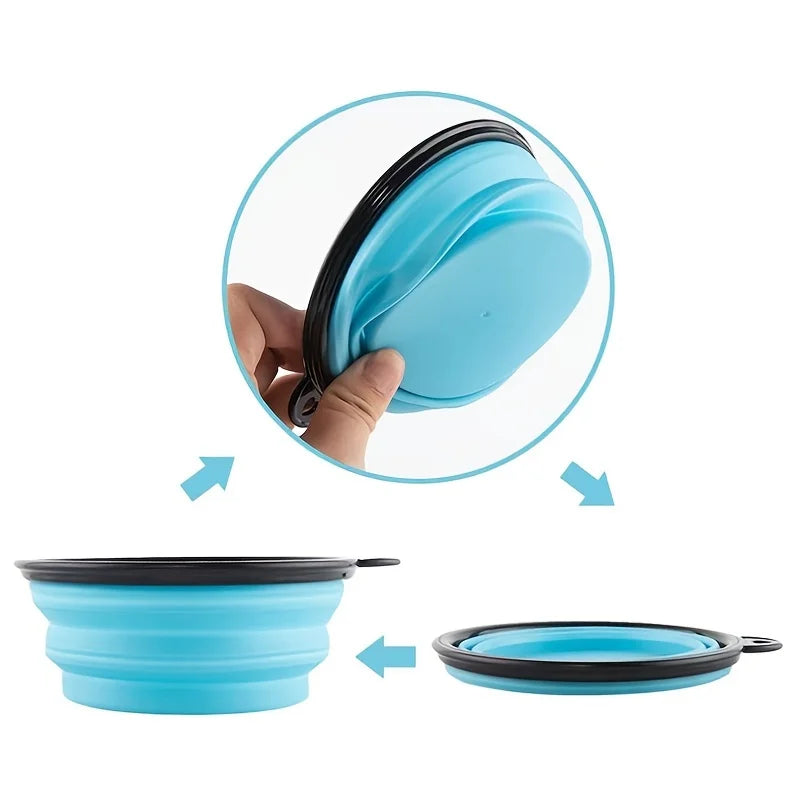 Collapsible pet travel bowl shown folding flat for storage