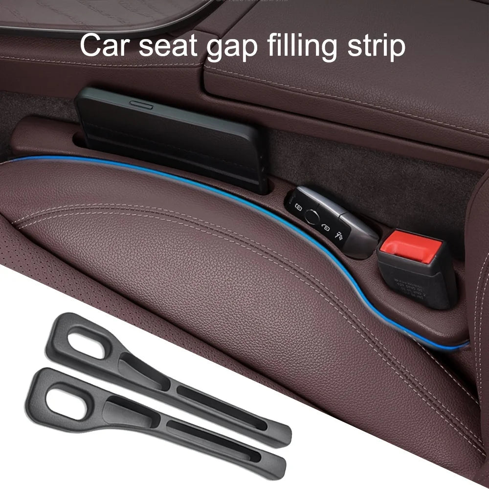 Black car seat gap filler strip installed between seat and center console in brown leather interior, with 2-piece product flat-lay showing two slim black organizer strips