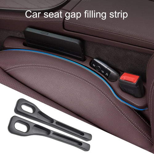 Black car seat gap filler strip installed between seat and center console in brown leather interior, with 2-piece product flat-lay showing two slim black organizer strips