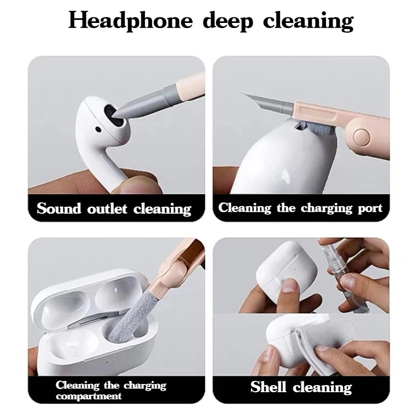Cleaning pen and brush used on earbuds and their charging case