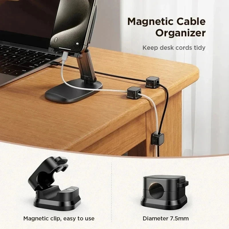 Black magnetic cable organizer clips shown organizing cables on a desk with open and closed detail views