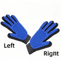 Left and right blue pet grooming gloves pair