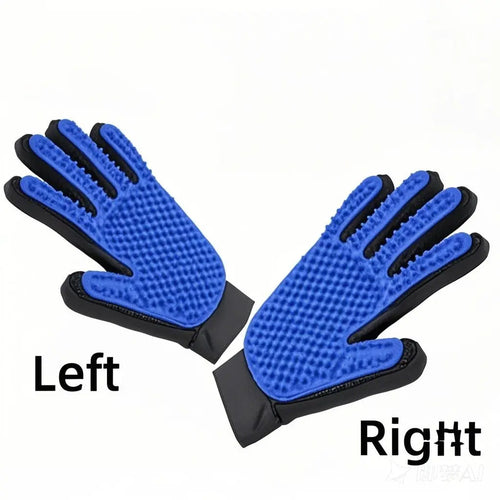 Left and right blue pet grooming gloves pair