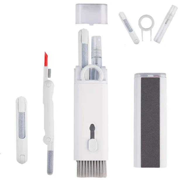 Electronics cleaning kit with white storage case and tools arranged separately