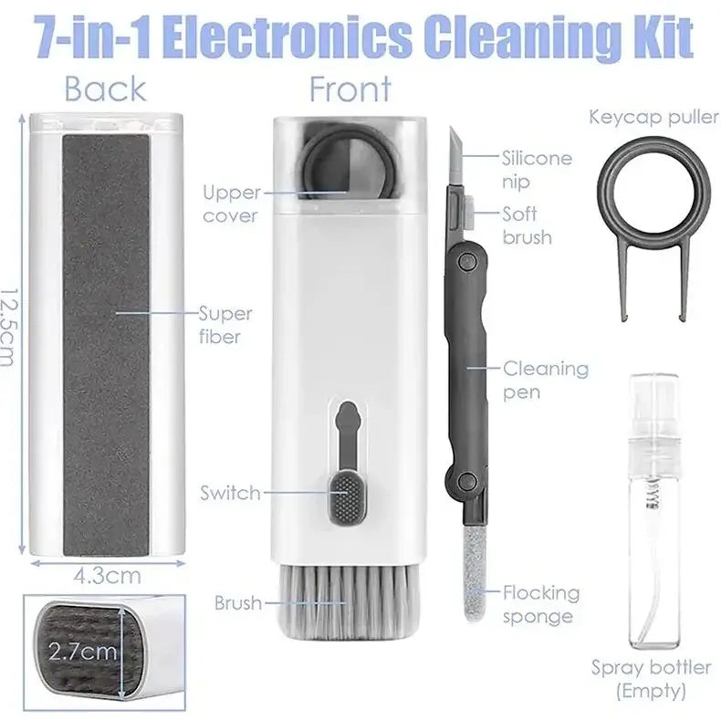 Electronics cleaning kit component diagram with dimensions, keycap puller, and empty spray bottle