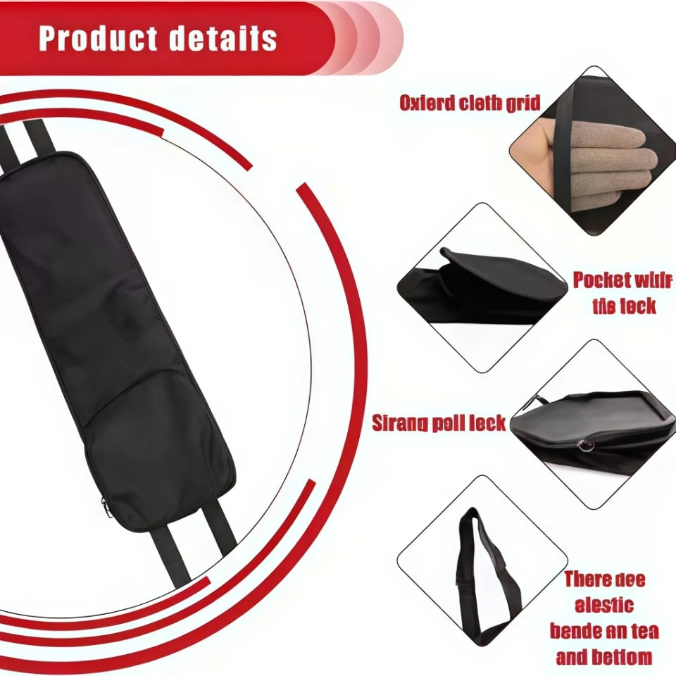 Black car seat side organizer pouch shown in a product-detail collage
