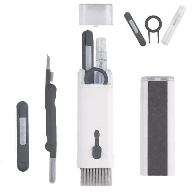 Black electronics cleaning kit with storage case and tools arranged separately
