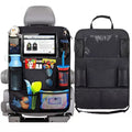 Black backseat organizer shown installed with storage examples and empty on a white background.