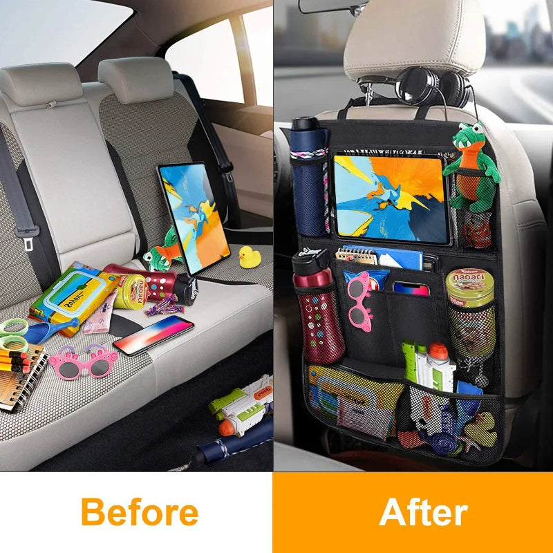 Before and after comparison: messy car seat vs. car backseat organizer with clear tablet holder holding a tablet, water bottle, sunglasses, snacks, and toys