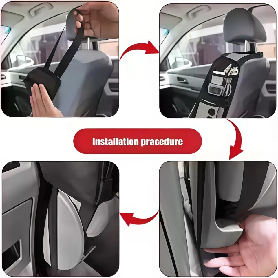 Four-panel illustration showing a black seat-side organizer looped around a headrest and secured with a lower strap