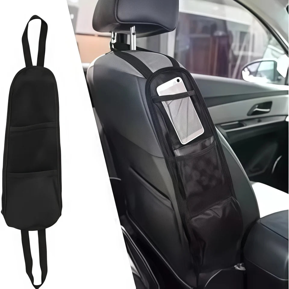 Black car seat side organizer pouch installed beside a vehicle seat.