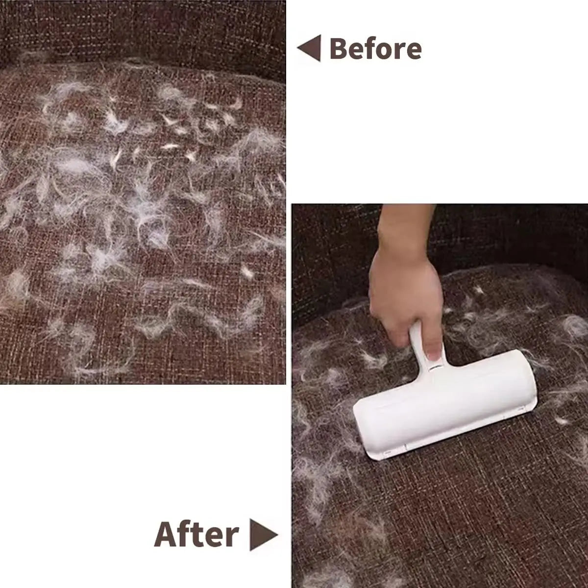 Pet hair remover roller before and after on fabric