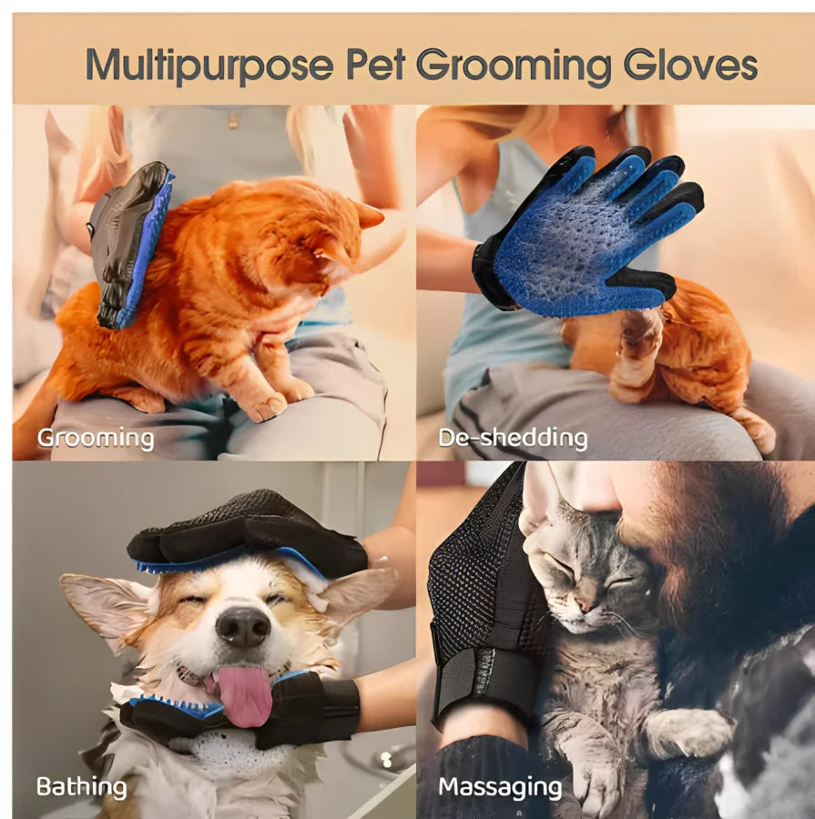 Four-panel collage showing blue pet grooming gloves used for brushing and handling loose fur