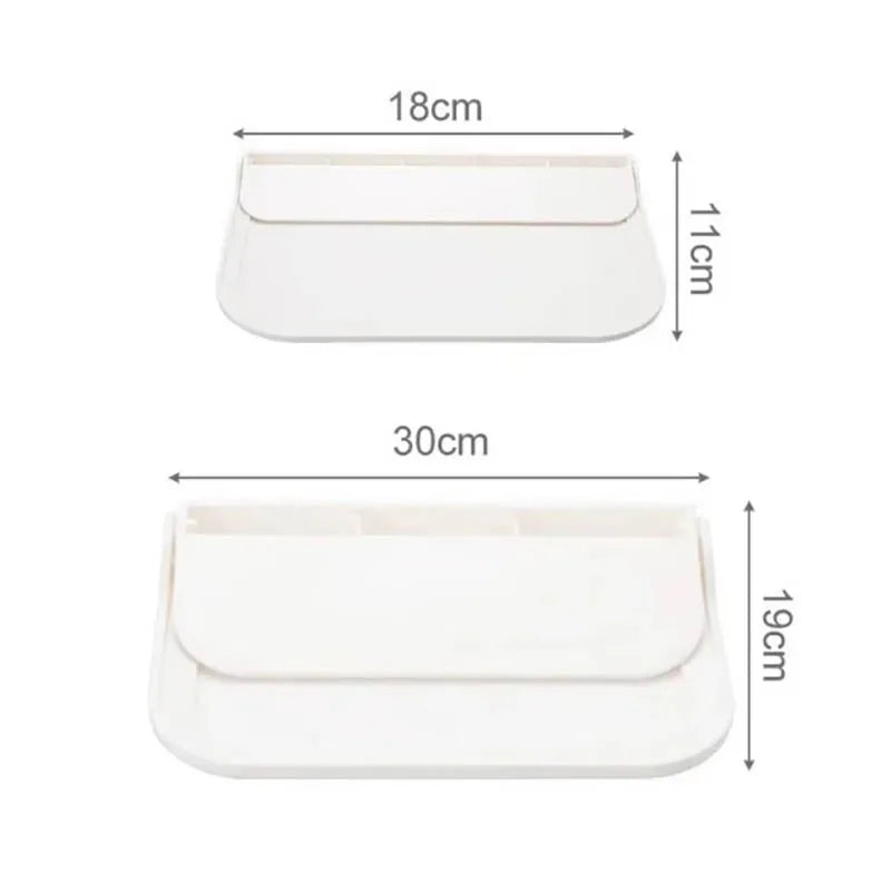 Foldable wall-mounted shelves shown with Small and Big size dimensions and trays extended