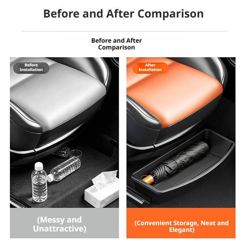 Before and after comparison: messy car floor with loose bottles and tissues vs. under-seat car storage box installed under an orange leather seat holding a folded umbrella, labeled Convenient Storage, Neat and Elegant