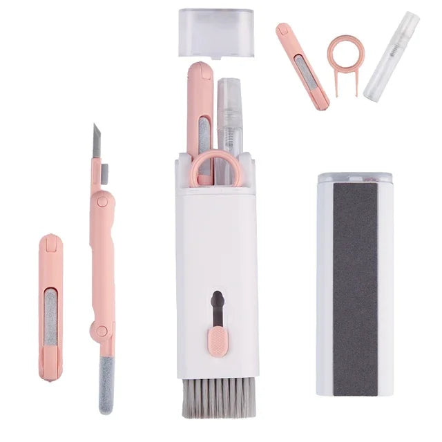  Pink electronics cleaning kit with storage case and tools arranged separately