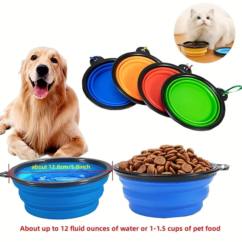 Portable pet travel bowls for food and water with dog