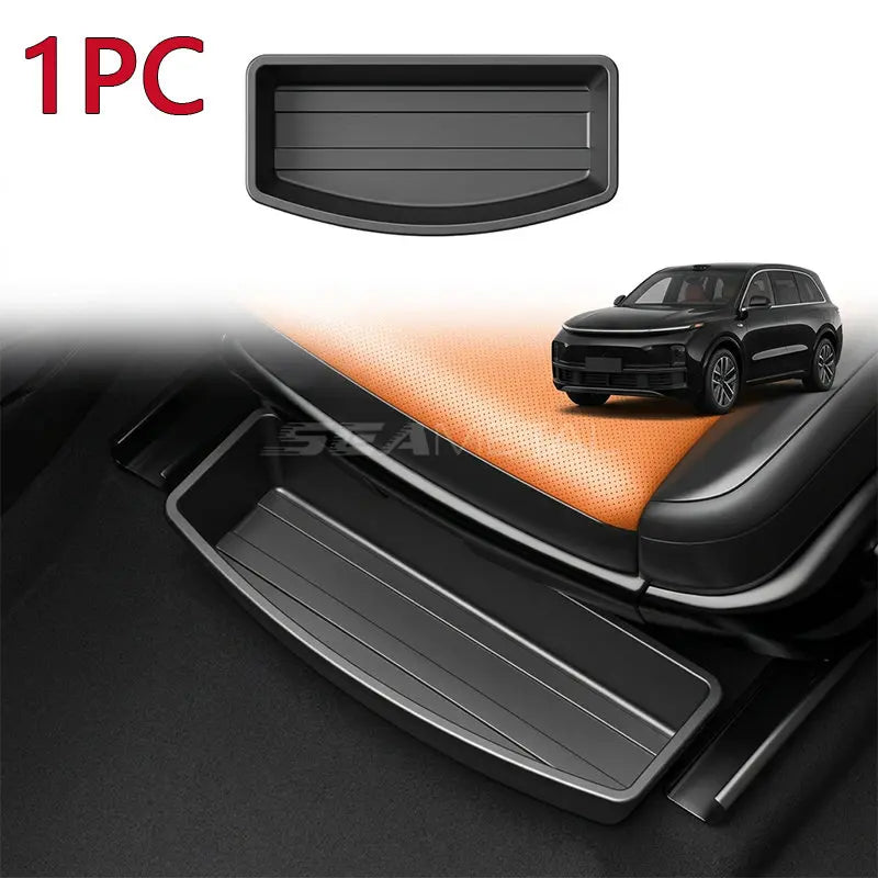 1PC black under-seat car storage box product flat-lay above an in-car lifestyle image showing the tray installed beneath a front seat in a black SUV interior with orange seat cushion