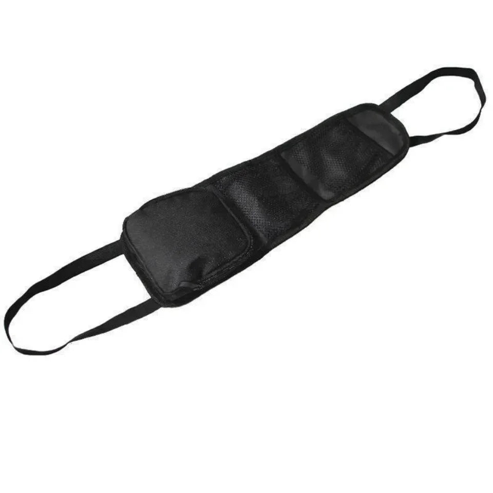 Black car seat side organizer pouch product-only flat-lay on white background showing two hanging straps, multiple storage pockets, and zippered main compartment