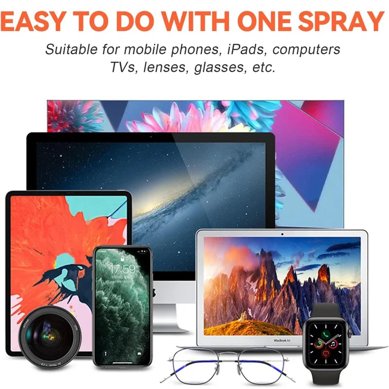 Phones, tablet, laptop, monitors, glasses, watch, and camera lens shown as cleaning examples
