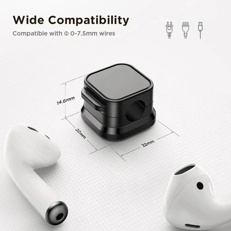 Magnetic cable organizer clip dimension diagram shown with earbuds