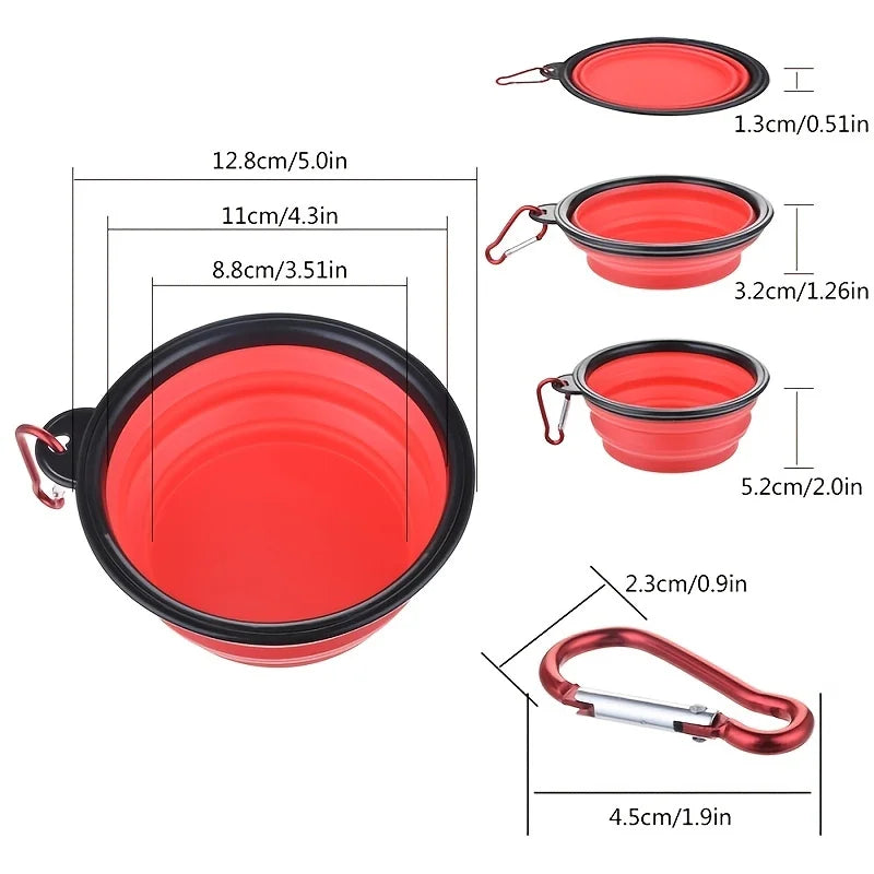 Red collapsible pet travel bowl 350ml with size dimensions