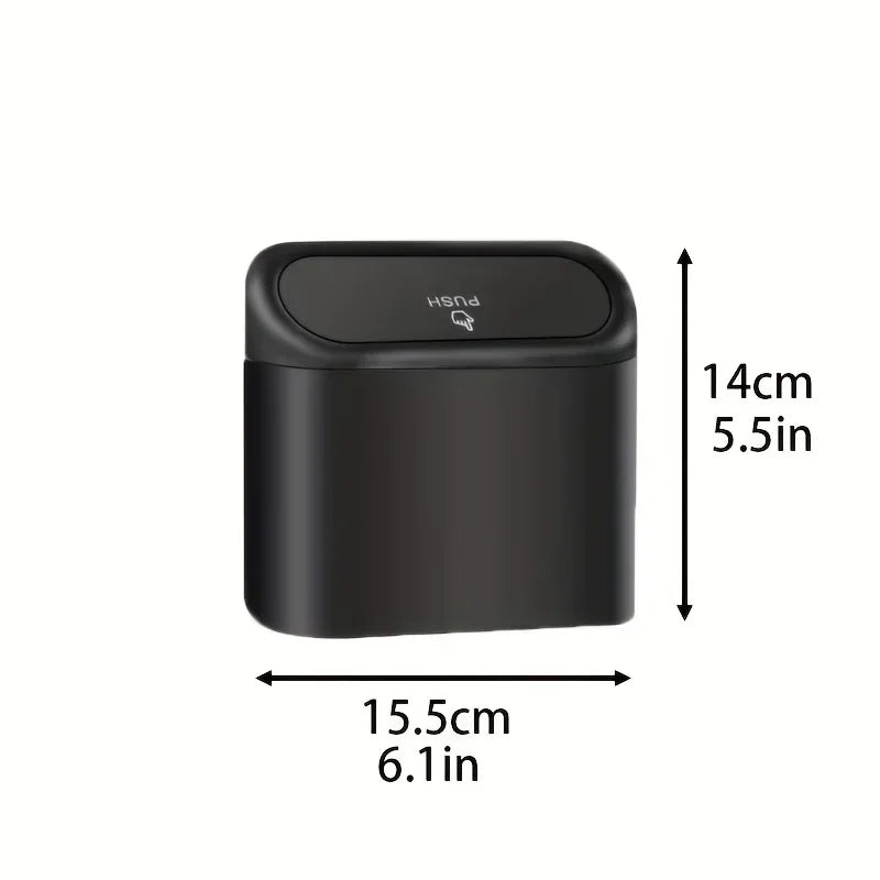 Black mini car trash bin with dimensions: 15.5cm wide by 14cm tall (6.1 x 5.5 inches)