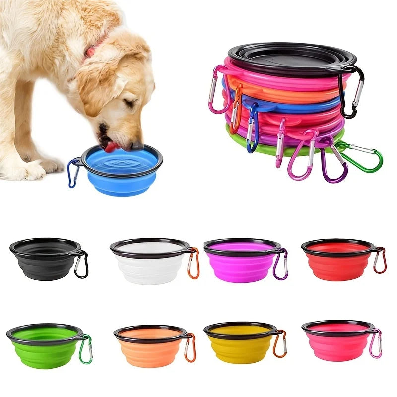 Portable collapsible pet travel bowl with dog and multiple color options