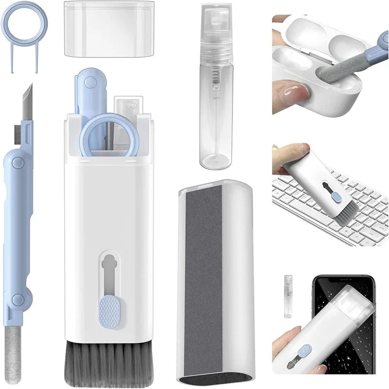 Blue electronics cleaning kit components with earbud case, keyboard, and phone cleaning examples