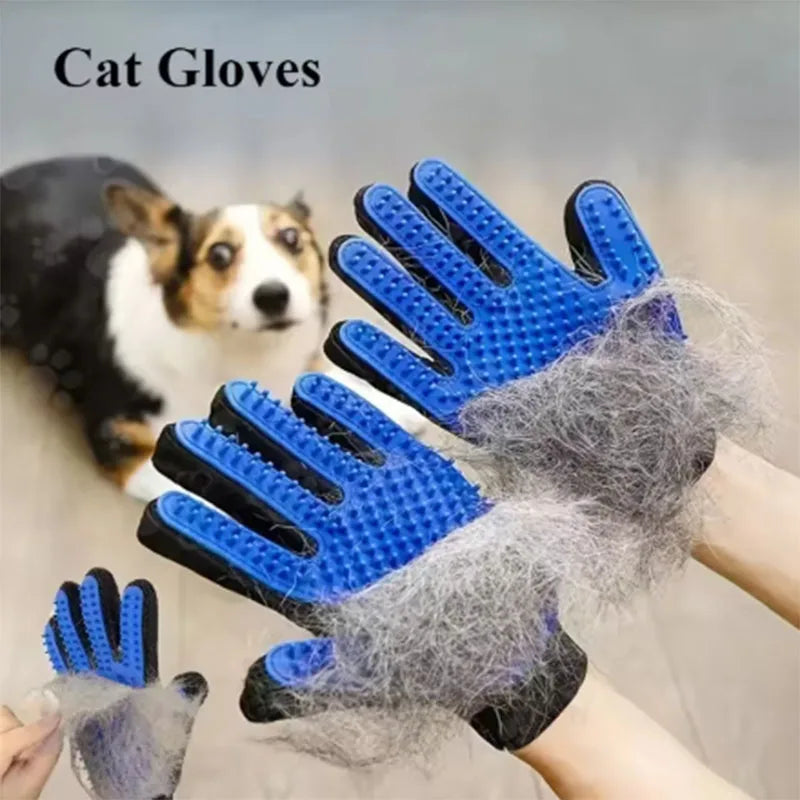 Blue pet grooming and deshedding gloves removing loose dog hair